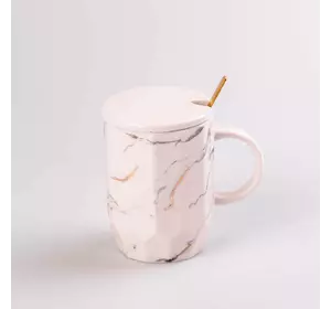 Чашка керамічна 420 мл з кришкою і ложкою Мармур, білий