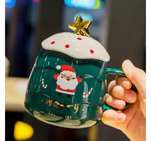 Чашка керамічна 500 мл Merry Christmas з кришкою та ложкою, зелений