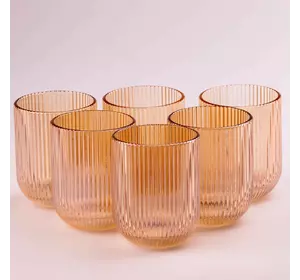 Набір склянок фігурних прозорих ребристих із товстого скла 6 штук, бурштиновий