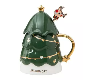 Кружка керамічна 460 мл Christmas tree з кришкою та паличкою для розмішування, зелений