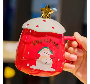 Чашка керамічна 500 мл Merry Christmas з кришкою та ложкою, червоний