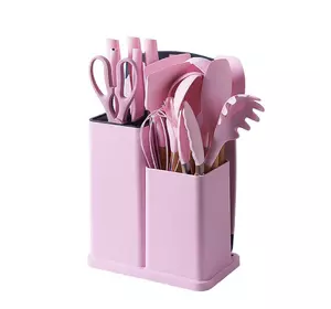 Набір кухонного приладдя на підставці 19 штук із силікону з бамбуковою ручкою, рожевий