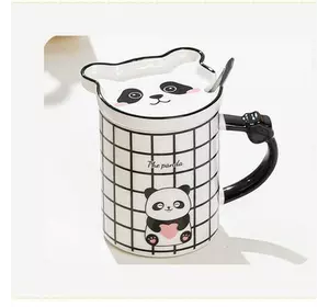 Чашка керамічна 350 мл The Panda з блюдцем і ложкою, клітинка