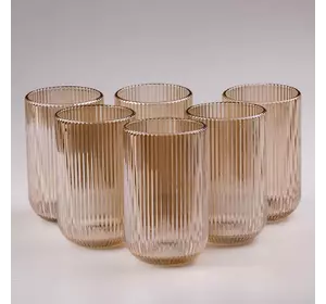 Набір склянок високих фігурних прозорих ребристих із товстого скла 6 штук, tea color